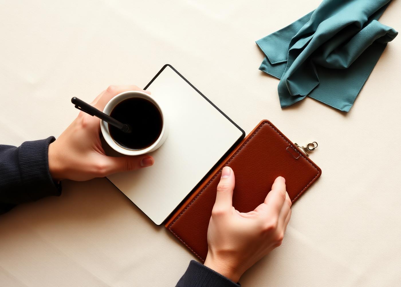 Notebook, pen and coffee on a warm cream desk